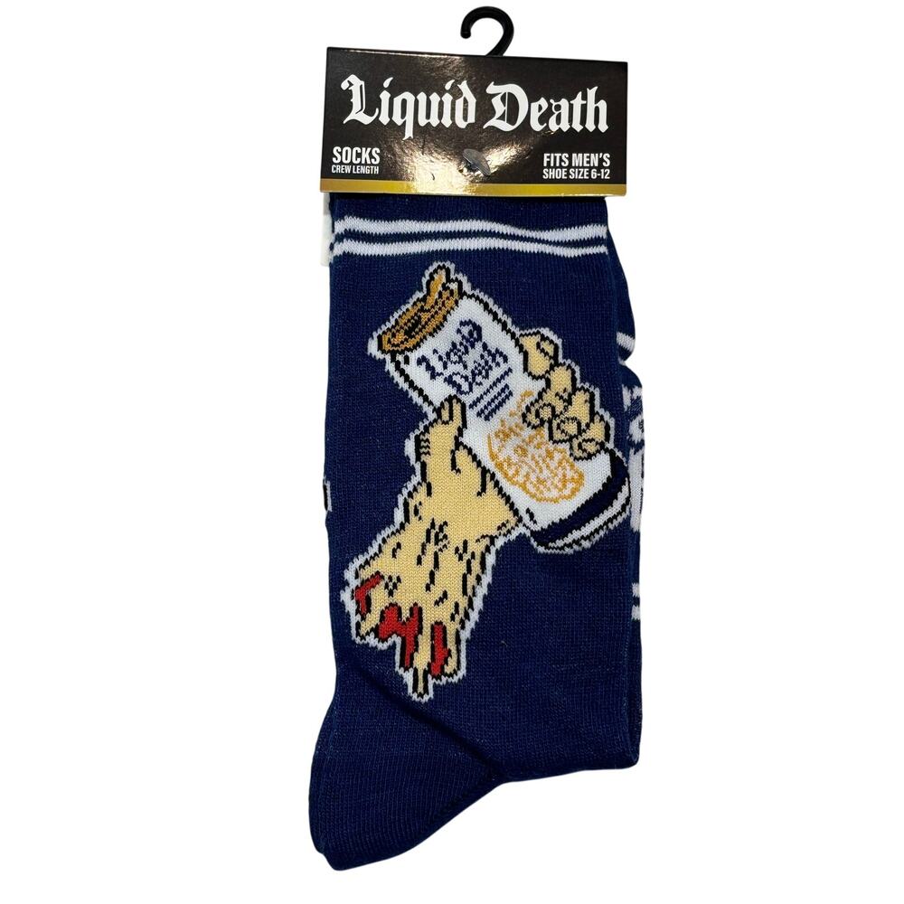 Liquid Death Crew Socks Fits Mens 6-12 Navy White Novelty Print 1 Pair NWT